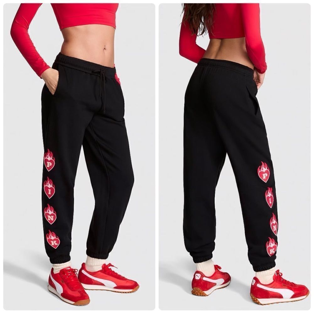 PINK Victoria's Secret Campus Pure Black VDay Flaming Heart Sweatpant Joggers XL